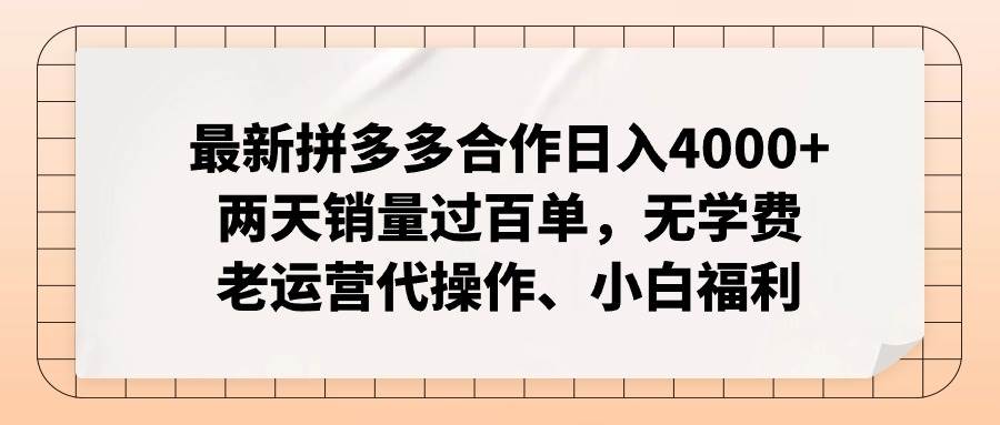 最新拼多多合作日入4000+两天销量过百单，无学费、老运营代操作、小白福利-星河网创