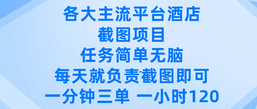 各大主流平台酒店截图项目,任务简单无脑,每天就负责截图即可,一分钟三单 ,一小时可以做120-星河网创