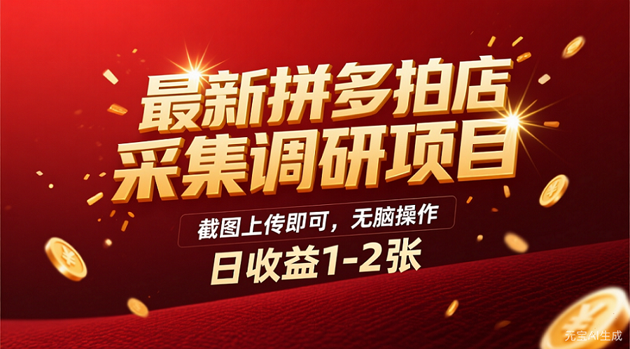 最新拼多多拍店采集调研项目，截图上传即可，无脑操作，日收益1-2张-星河网创
